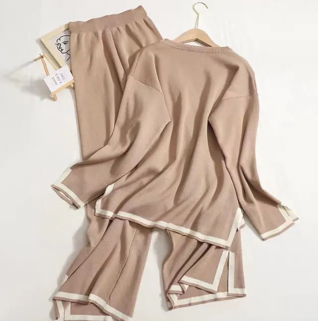 Women's Knitting Suit Sweater Top Two piece Pants Khaki - Shop at LoveMi