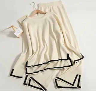 Women's Knitting Suit Sweater Top Two-piece Pants - White