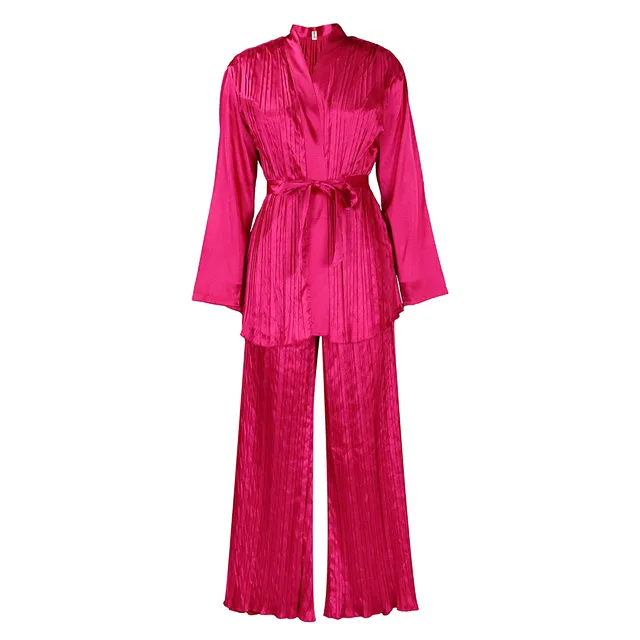 Solid Color Pleated Loose Long Sleeve Tied Shirt And Trousers Two piece Set Rose Red - Shop at LoveMi