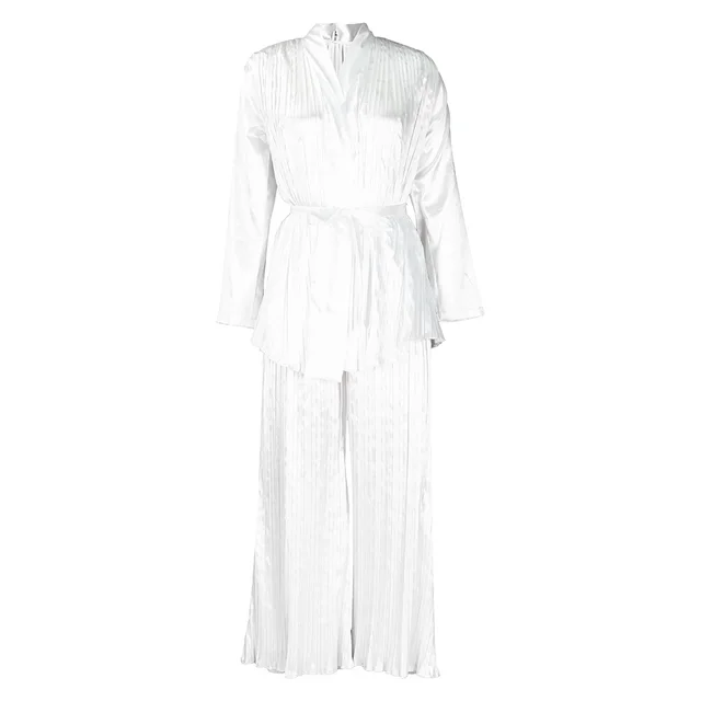 Solid Color Pleated Loose Long Sleeve Tied Shirt And Trousers Two piece Set White - Shop at LoveMi