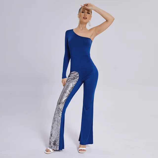 Leg Jumpsuit Mesh One Sleeve Flared Black - Shop at LoveMi