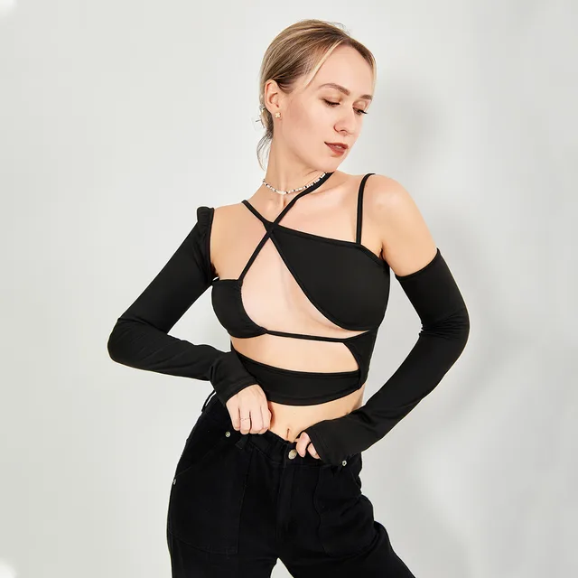 Long Sleeve Top Cut Out Asymmetrical Neck Black - Shop at LoveMi