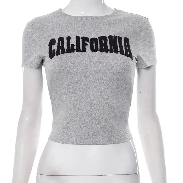 Women's Temperament Fashion Round Neck Short Sleeves Letter Print Top Gray - Shop at LoveMi