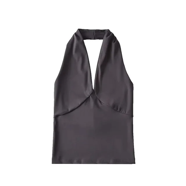 American style Deep V neck Halter Vest Women's Outer Wear Design Slim fit Short High Waist Top Charcoal Gray - Shop at LoveMi