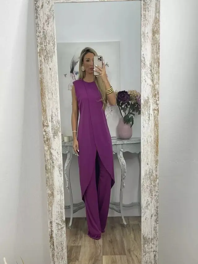 Women's Summer New Casual Sleeveless Loose Round Neck Trousers Two piece Set Purple - Shop at LoveMi