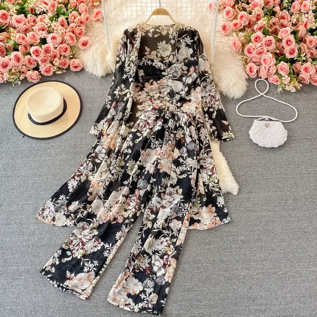 Mid length Floral Chiffon Cardigan Three piece Set Tube Top Short Type Black - Shop at LoveMi