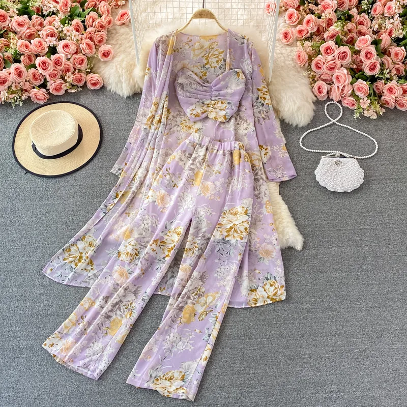 Mid-length Floral Chiffon Cardigan Three-piece Set Tube Top Short Type - Violet