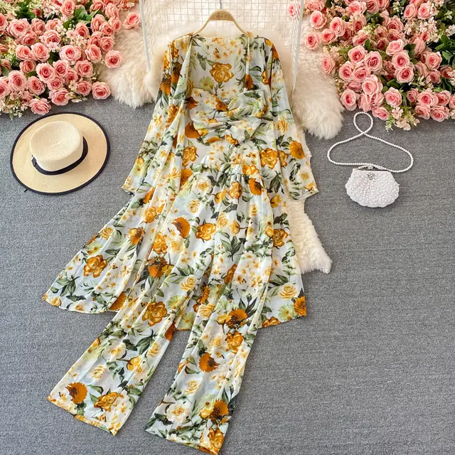 Mid length Floral Chiffon Cardigan Three piece Set Tube Top Short Type White - Shop at LoveMi