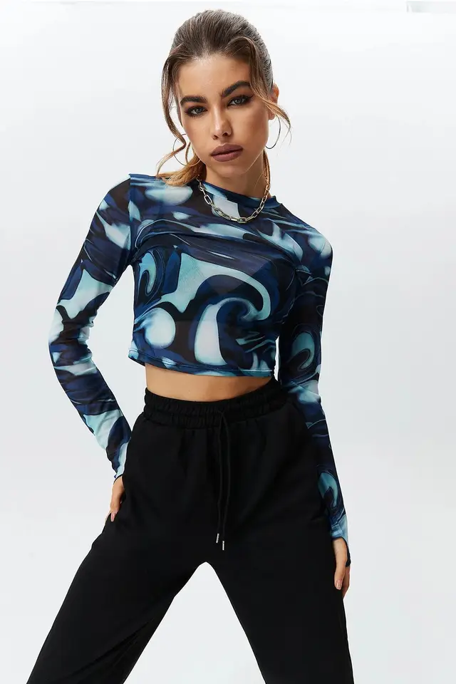 Round Neck Pullover Printed Crop Long Sleeve Top Blue - Shop at LoveMi