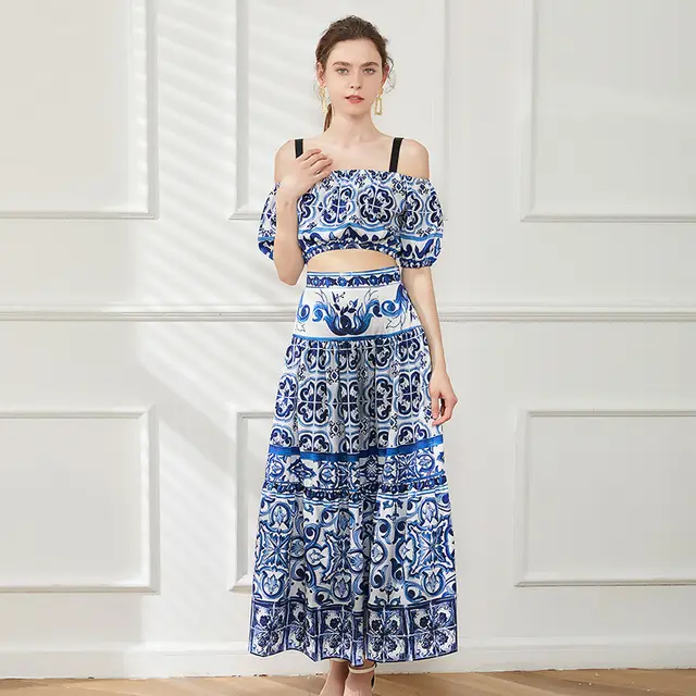 Summer Boat Neck Off the shoulder Short Tube Top High Waist Long Skirt Two piece Set Fashion Suit Dark Blue - Shop at LoveMi