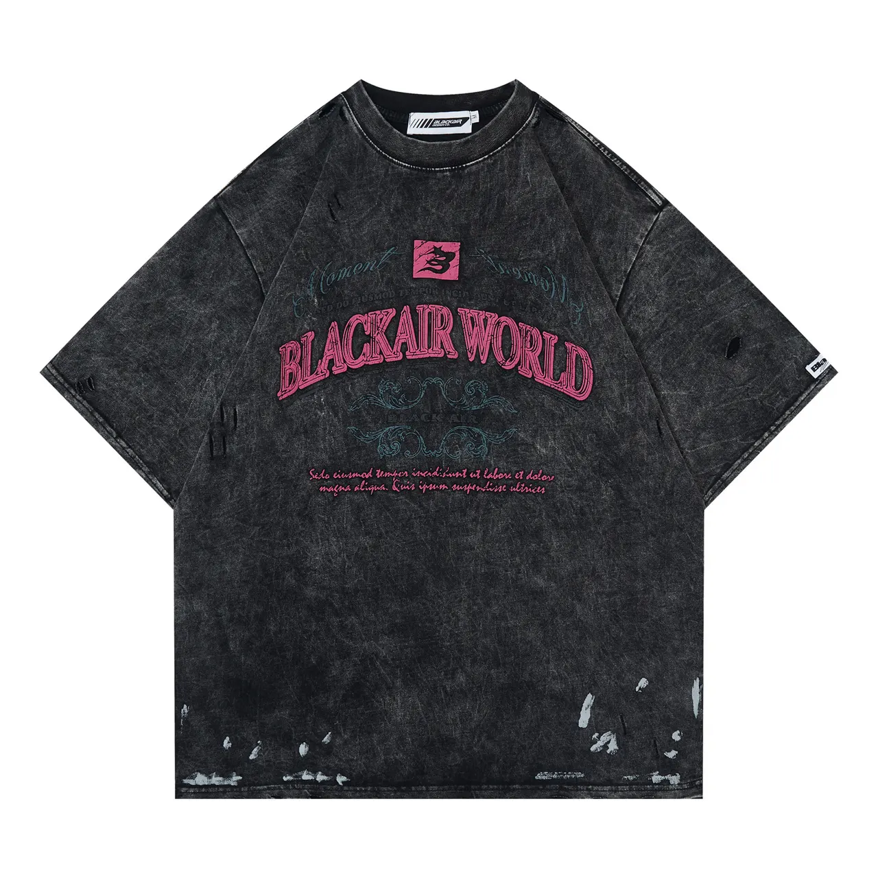 Retro Washed And Worn Cut Letter Foam T-shirt - Black