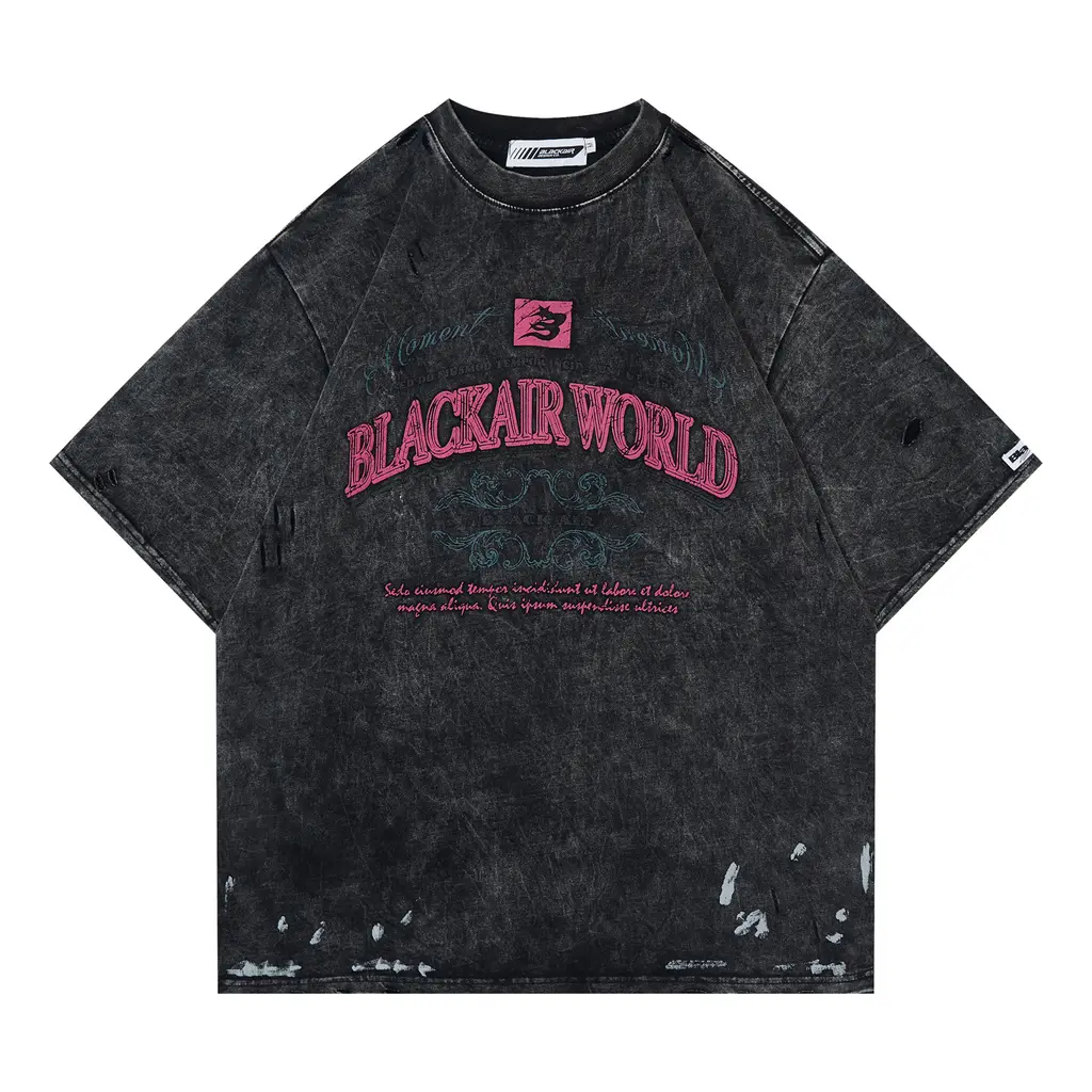 Retro Washed And Worn Cut Letter Foam T-shirt - Black