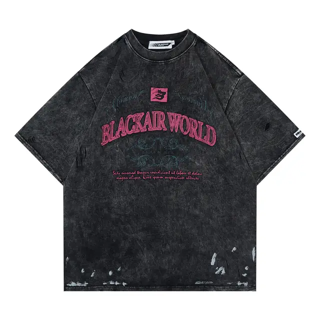 Retro Washed And Worn Cut Letter Foam T shirt Black - Shop at LoveMi