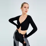 Solid Color V-neck Knitted Top T-shirt - Black