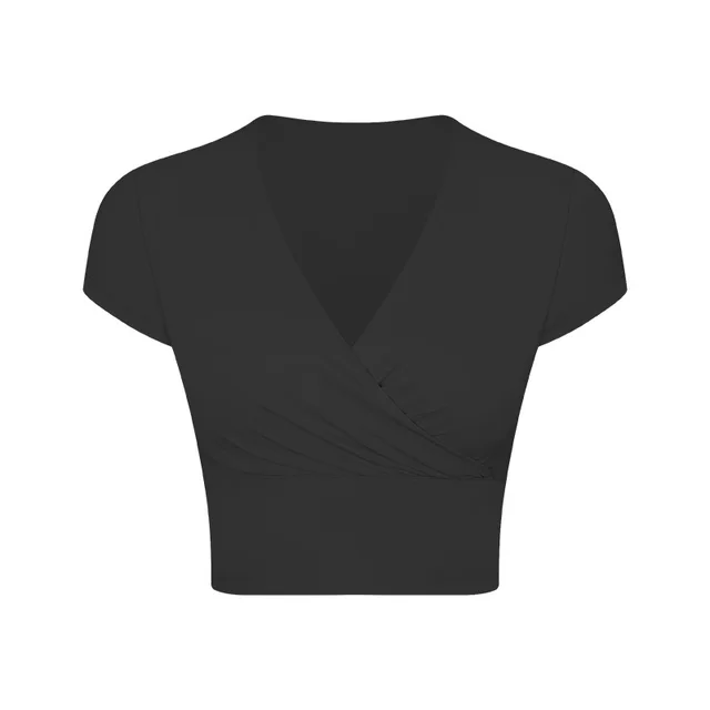 Nylon Cross Pleated Sexy V neck Sports Short Sleeve With Chest Pad Black - Shop at LoveMi
