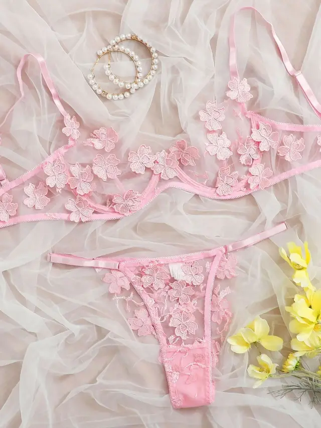 European And American Underwear Set Sexy Sweet Mesh Embroidered Flower Applique Pink - Shop at LoveMi