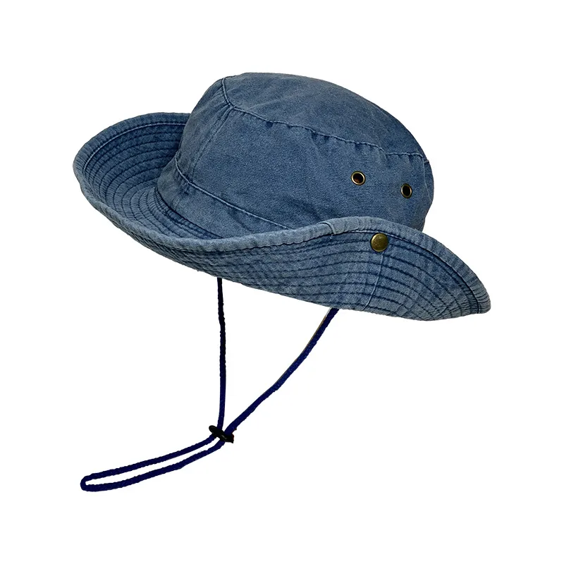 Drawstring Flanging Breathable Sun Protection Outdoor Mountaineering Fishing Western Cowboy Hat Blue - Shop at LoveMi