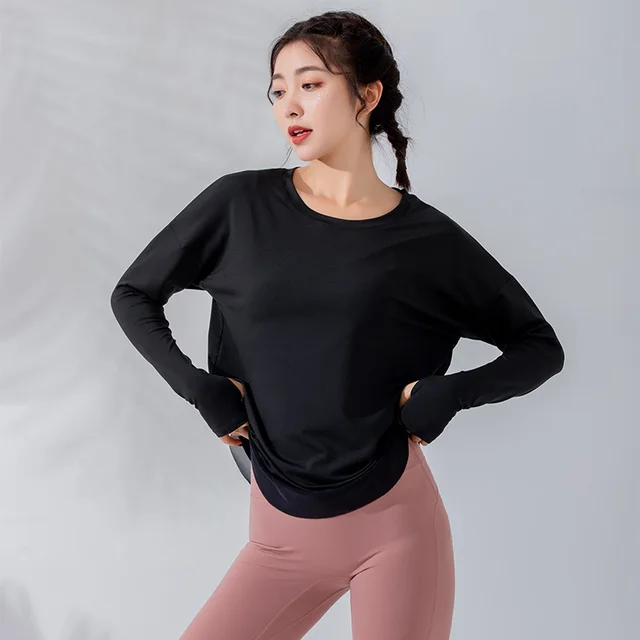 Sports Loose Long Sleeve Top Women's Yoga Clothes Black - Shop at LoveMi