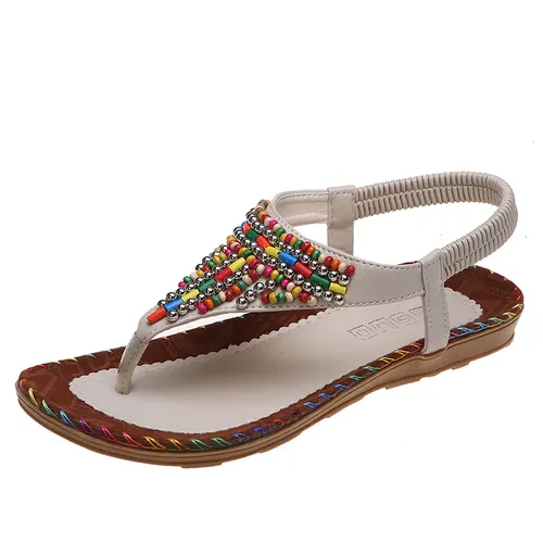 Beach Flip Toe Beaded Flat Sandals Beige - Shop at LoveMi