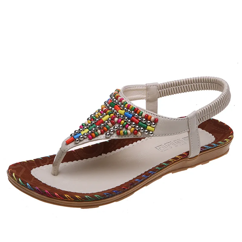 Beach Flip Toe Beaded Flat Sandals Beige - Shop at LoveMi