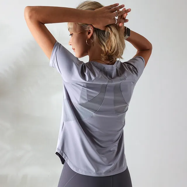Quick drying Mesh Stitching Workout Clothes Top For Women Purple - Shop at LoveMi