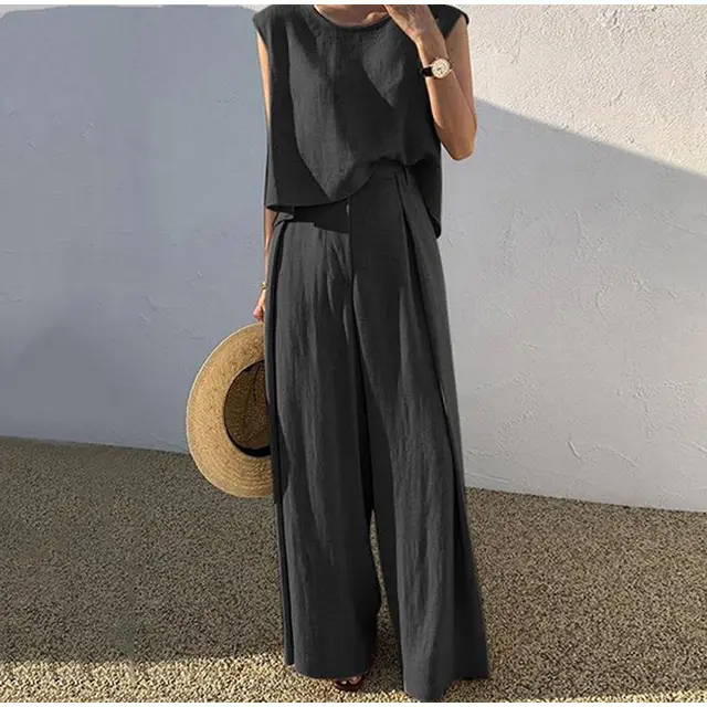Cotton And Linen Casual Sleeveless Top Wide Leg Pants Two piece Set Black - Shop at LoveMi