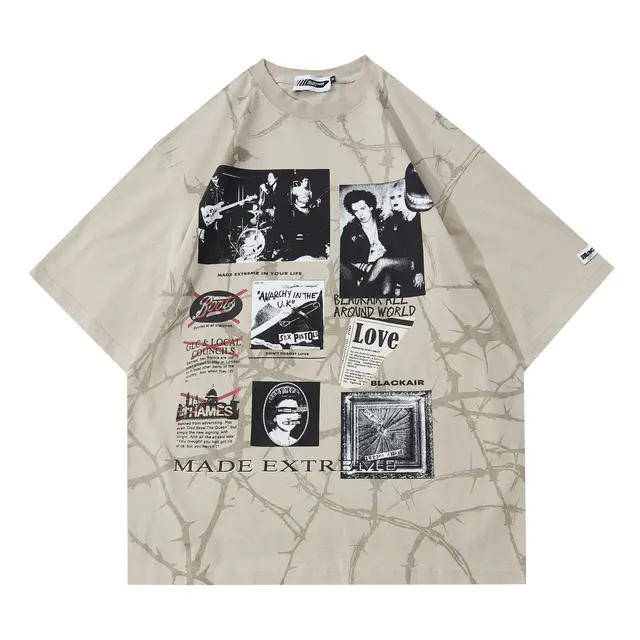 Fashion Brand Letter Character Printed Round Neck Short Sleeve Khaki - Shop at LoveMi