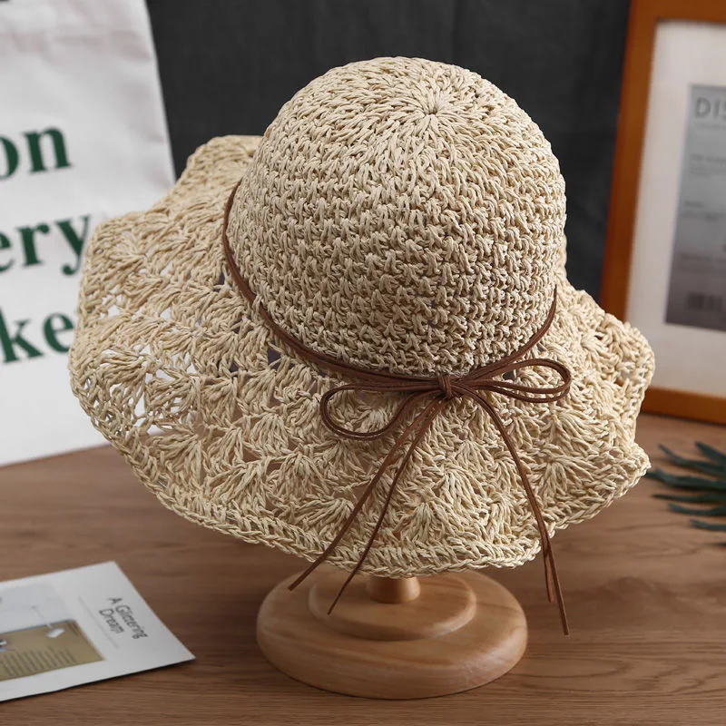 Finished Hand woven Summer Travel Sunshade Beach Straw Cover Face UV All matching Hat Tide Beige - Shop at LoveMi