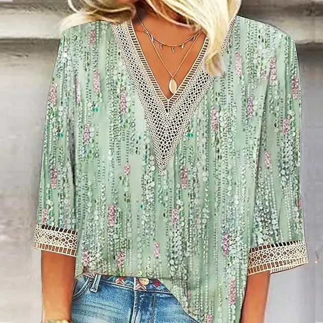 Cuff Printing Model Model Abstract V neck Summer Thin Shirt Green - Shop at LoveMi