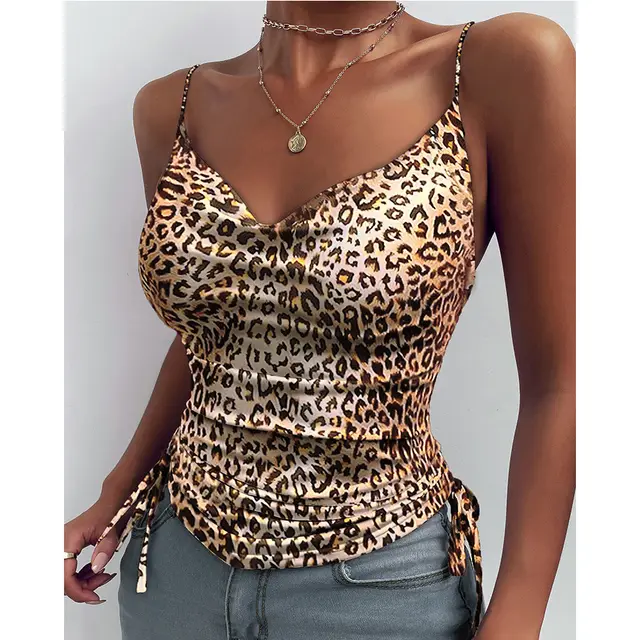 Women's Solid Color V neck Tight Drawstring Vest Leopard Print - Shop at LoveMi