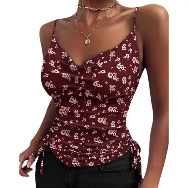 Women's Solid Color V neck Tight Drawstring Vest Wine Red - Shop at LoveMi