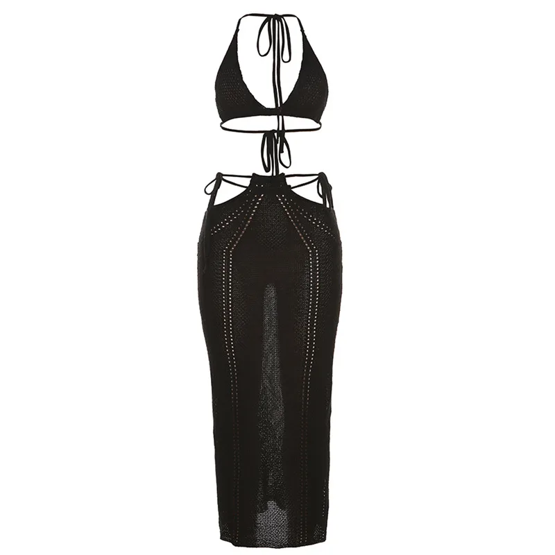 Backless Lace Up Vest High Waist Slim Skirt Suit For Women - Black