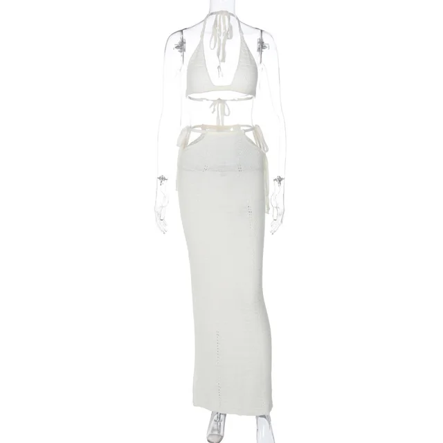 Halter Chest Wrap Hollow Out Stitching Self tie Dress Suit White - Shop at LoveMi