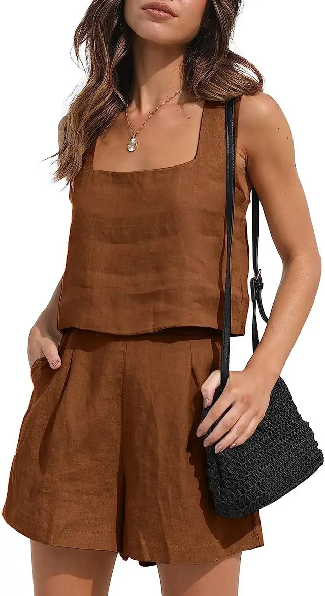Casual Cotton Linen Sleeveless Square Collar Top Two piece Shorts Suit Brown - Shop at LoveMi