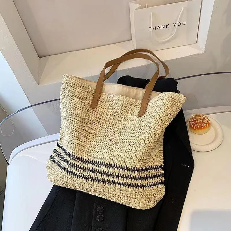 Striped Crochet Craft Straw Bag Large Capacity Beige - Shop at LoveMi