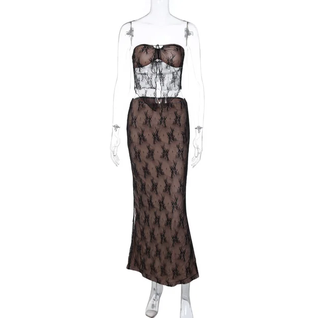 Lace Stitching Wrapped Chest Sheath Dress Suit Black - Shop at LoveMi
