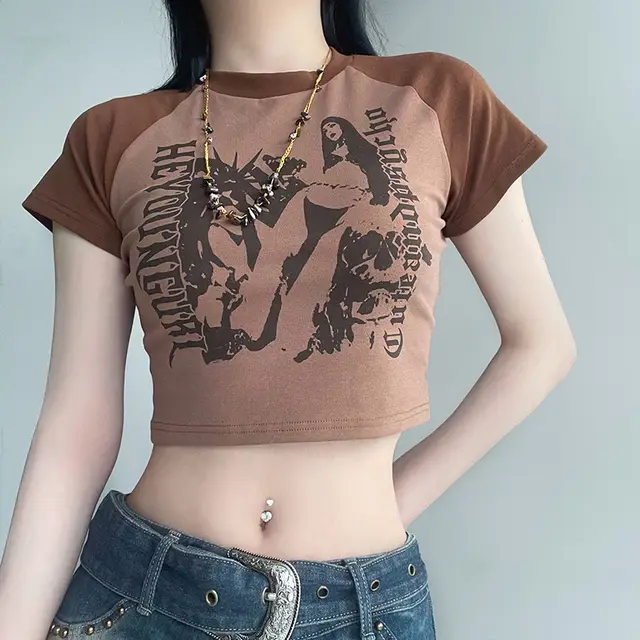 Street Cherry Print With Rotator Sleeve Short Slim fit T shirt Spice Girls Cool Color Love Everything Top Brown - Shop at LoveMi