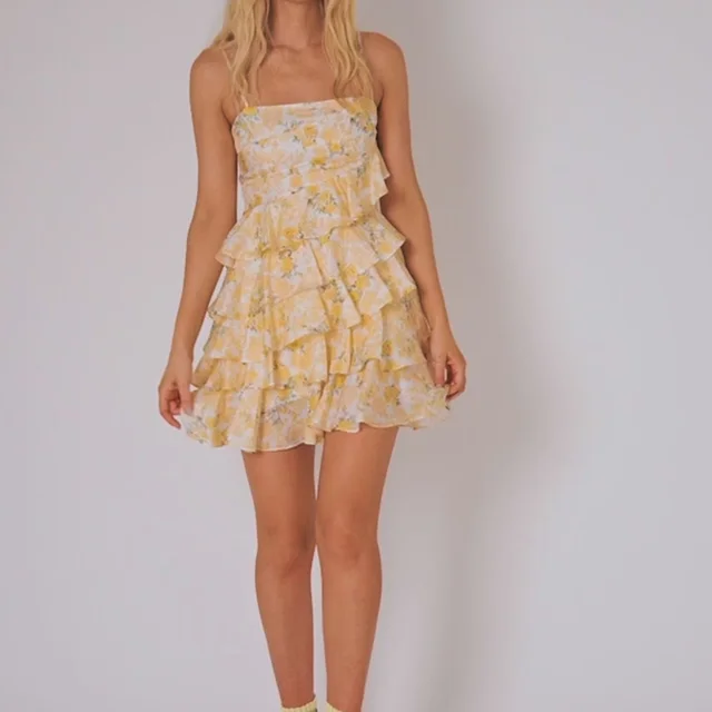 Women's Pleated Printed Drawstring Dress Yellow - Shop at LoveMi