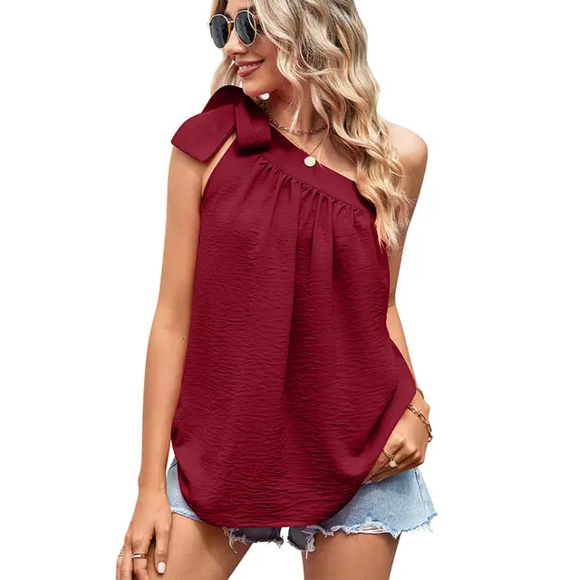 Cross border European And American Women's Clothing Shoulder Lace up Bow Top One shoulder Vest Wine Red - Shop at LoveMi
