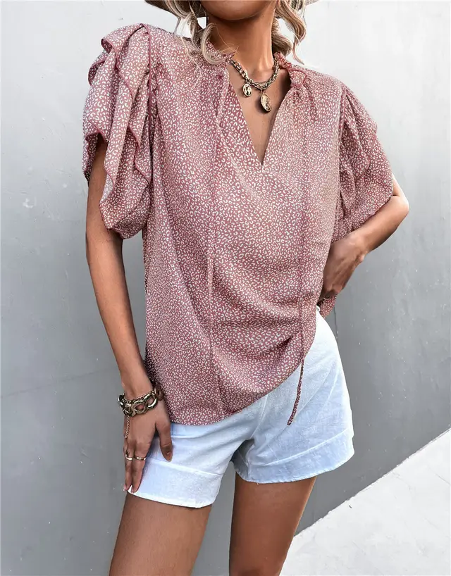 Tied V neck Leopard Print Top Casual T shirt Pink - Shop at LoveMi