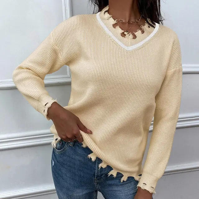 V neck Solid Color Loose fitting Women's Knitwear Sweater Apricot - Shop at LoveMi