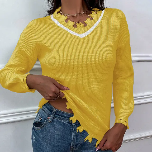 V neck Solid Color Loose fitting Women's Knitwear Sweater Yellow - Shop at LoveMi