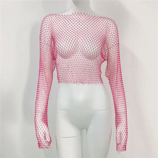 Women's Mesh Rhinestone Fishnet Top Fishnet Rose Red - Shop at LoveMi