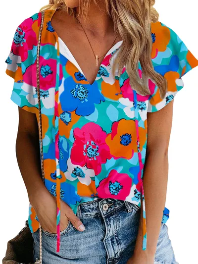 Floral Print Drawstring V neck Short Sleeve Color - Shop at LoveMi