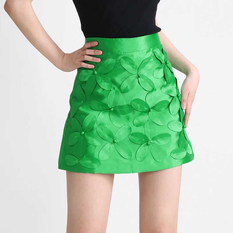 Women's Three-dimensional Nail Flower A- Line Skirt - Green