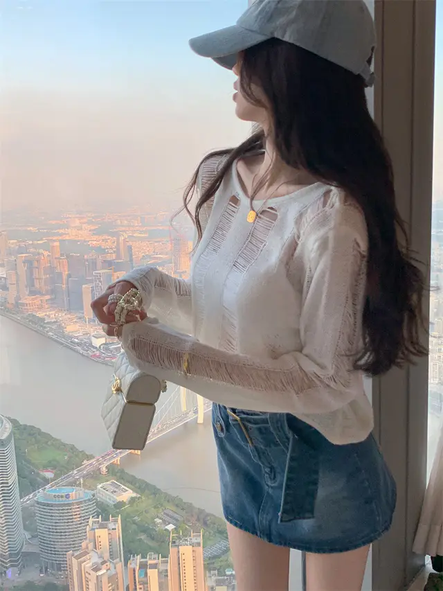 Niche Design Drawstring Lace up Cutout Ripped Long Sleeves Sweater For Women White - Shop at LoveMi