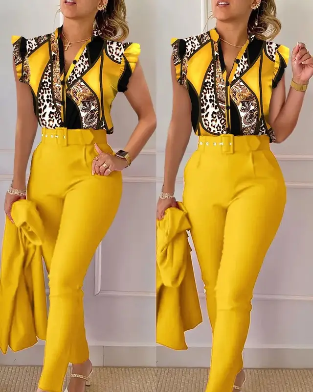 Printed Ruffle Sleeve Top Solid Color Pants Suit With Belt Yellow Leopard Pattern - Shop at LoveMi