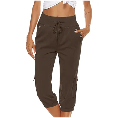 European And American Ladies Solid Color Drawstring Loose Leisure Workwear Wide Leg Straight Cropped Pants Coffee - Shop at LoveMi