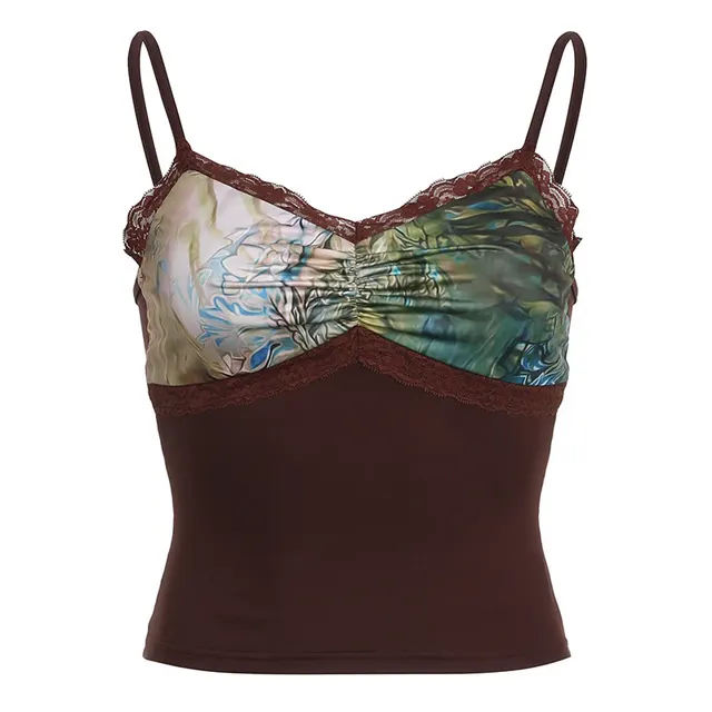 American style Vintage Lace Stitching Ruffle Chest Strap Top Brown - Shop at LoveMi