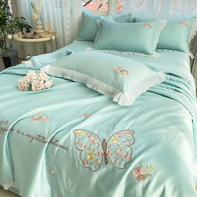 Korean Ice Silk Summer Quilt Four piece Set Embroidery Lace Air Conditioning Cool Feeling Thin Duvet Butterfly Love Water Green - Shop at LoveMi